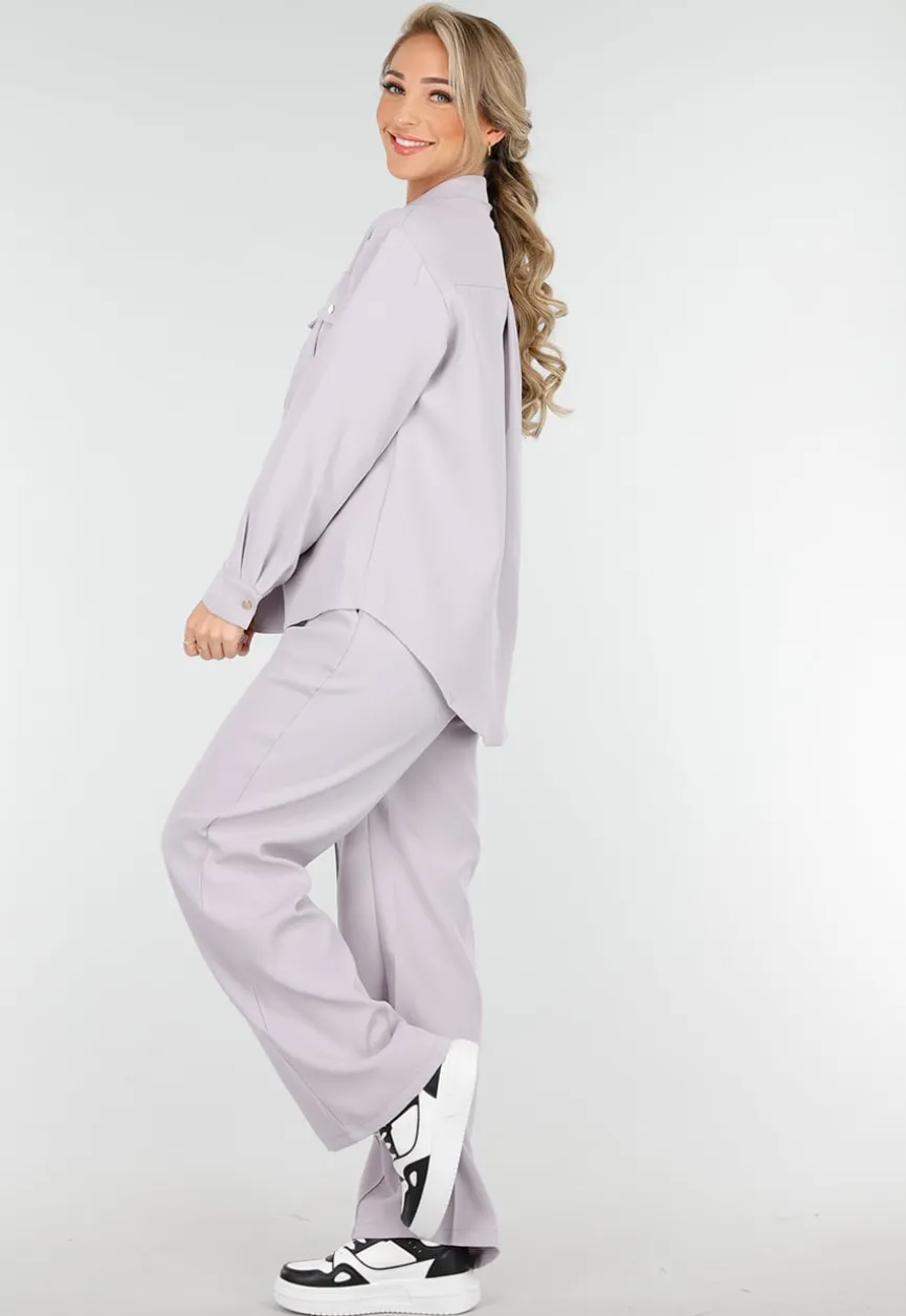 Grijze Set met Blouse en Straight Leg Broek met Gouden Knopen