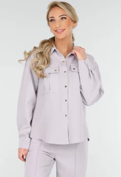 Grijze Set met Blouse en Straight Leg Broek met Gouden Knopen