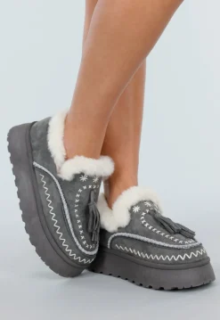 Grijze Sherpa Mocassin met Dikke Zool en Kwastjes