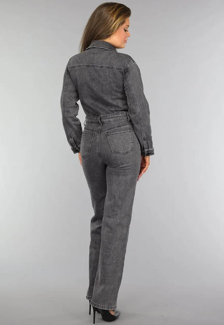 Grijze Straight Leg Denim Jumpsuit