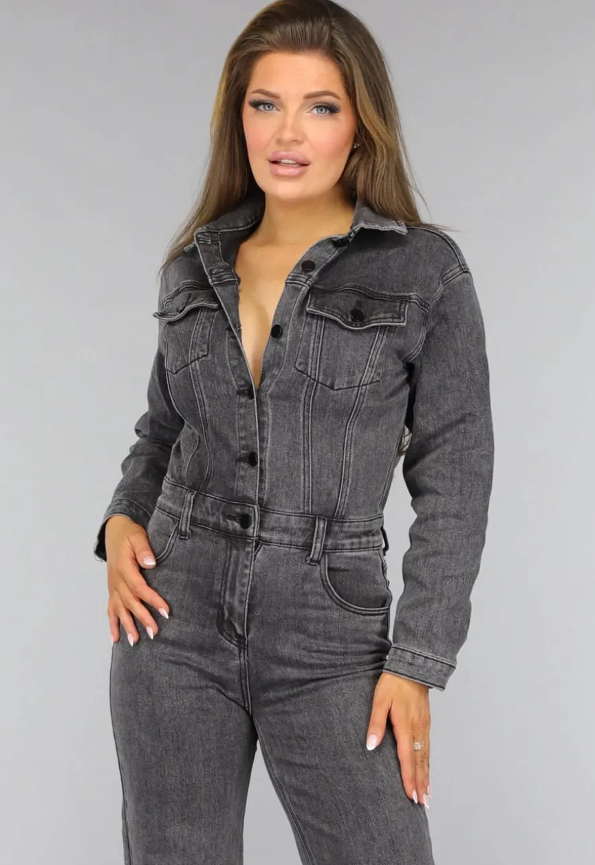 Grijze Straight Leg Denim Jumpsuit