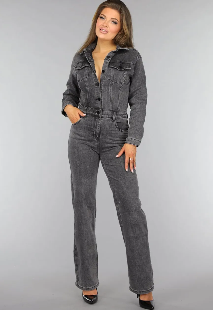 Grijze Straight Leg Denim Jumpsuit