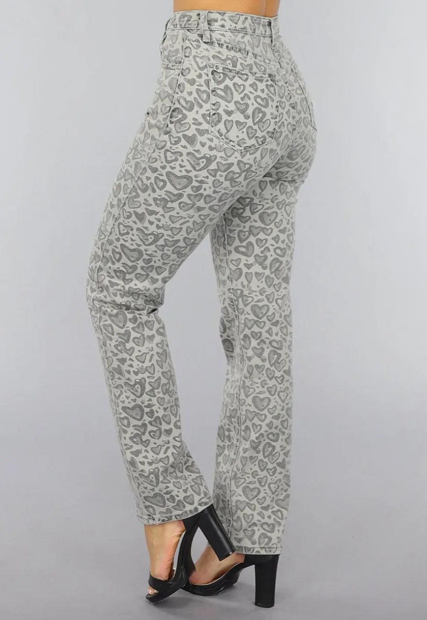 Grijze Straight Leg Hartjes Jeans met Hoge Taille