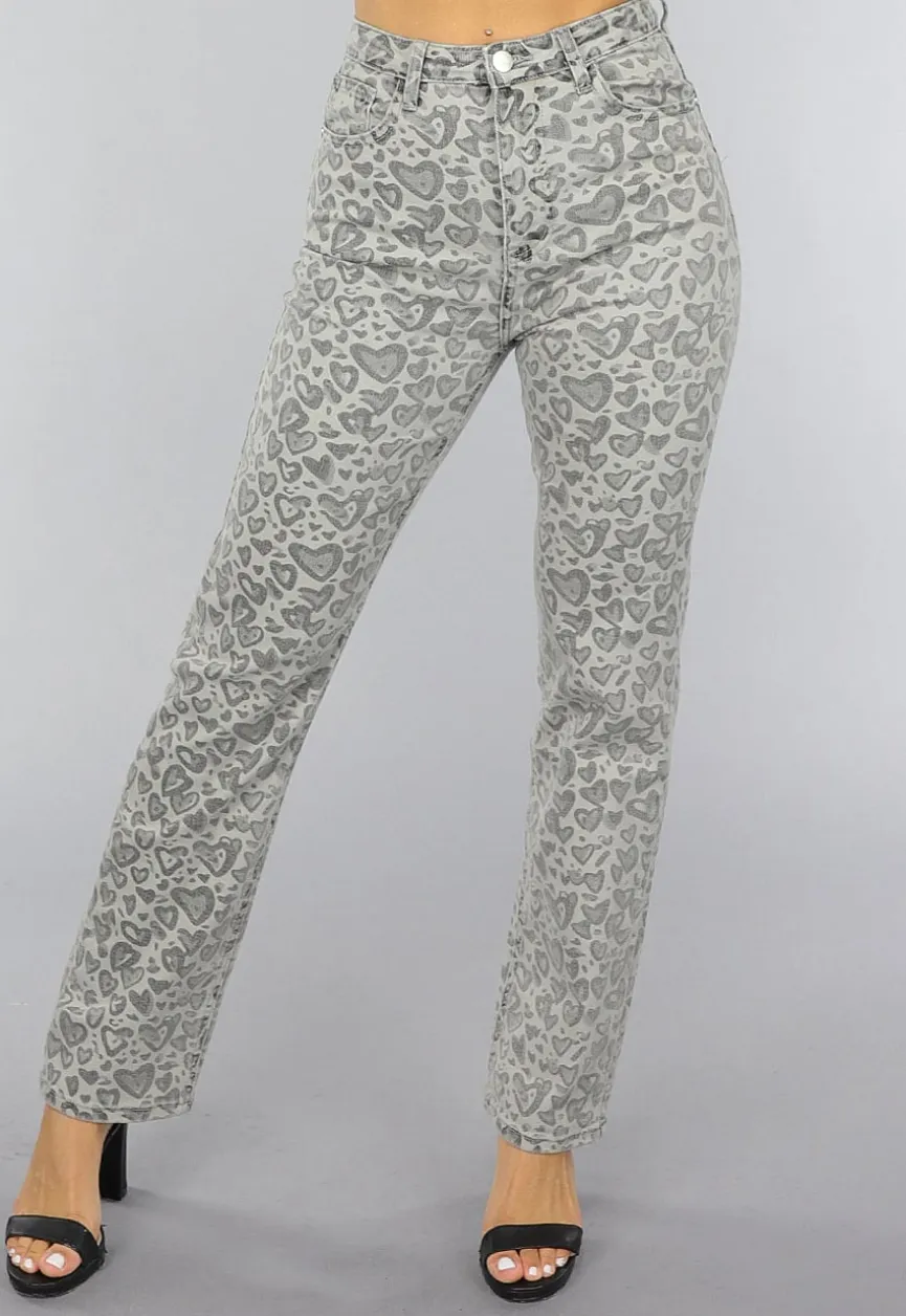 Grijze Straight Leg Hartjes Jeans met Hoge Taille