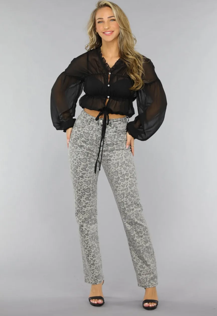 Grijze Straight Leg Hartjes Jeans met Hoge Taille