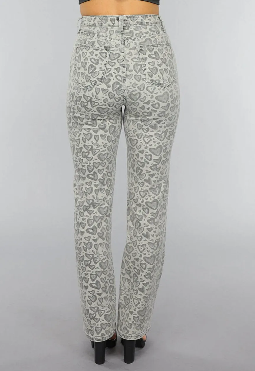 Grijze Straight Leg Hartjes Jeans met Hoge Taille