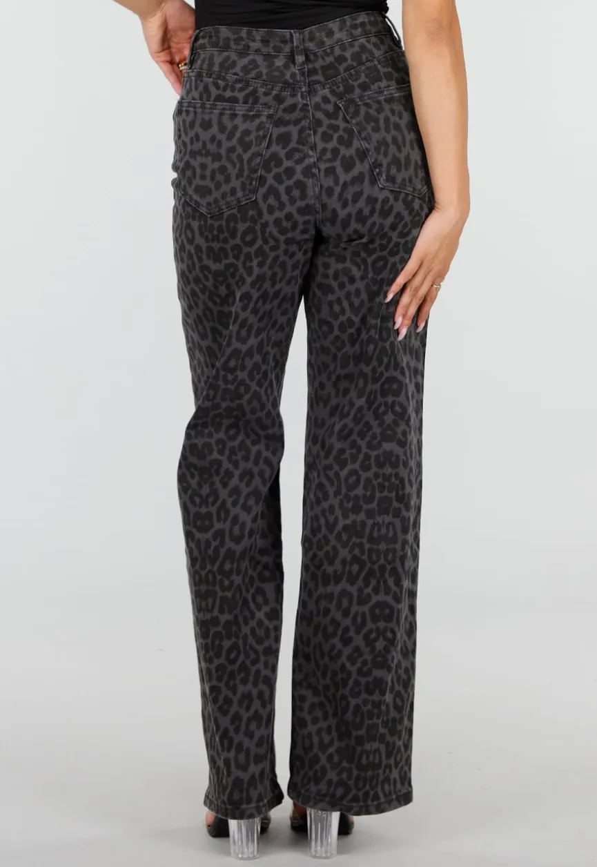 Grijze Straight Leg Jeans met Panterprint en Lichte Stretch