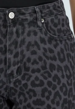 Grijze Straight Leg Jeans met Panterprint en Lichte Stretch