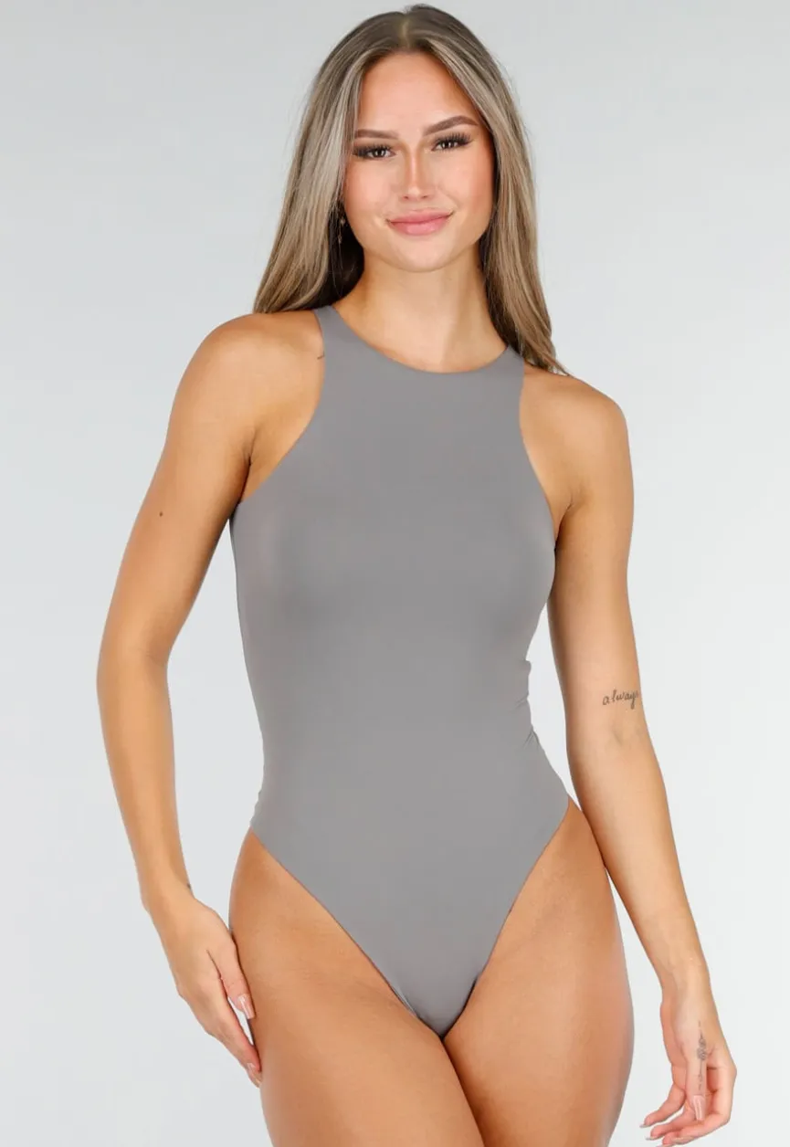 Grijze Stretch Bodysuit met Hoge Hals en String Achterkant