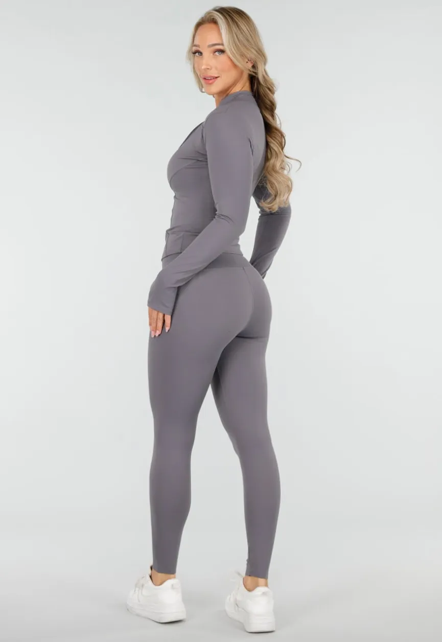 Grijze Stretch Sportset met Strakke Legging en Vestje