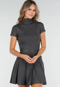 Grijze Stretch Top met Col en Korte Mouwen