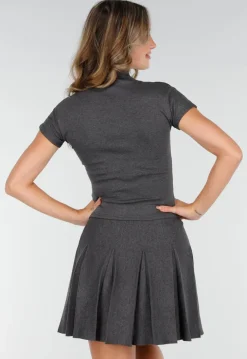 Grijze Stretch Top met Col en Korte Mouwen