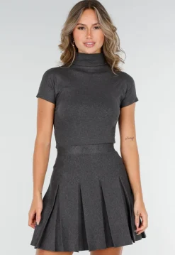 Grijze Stretch Top met Col en Korte Mouwen