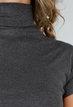 Grijze Stretch Top met Col en Korte Mouwen