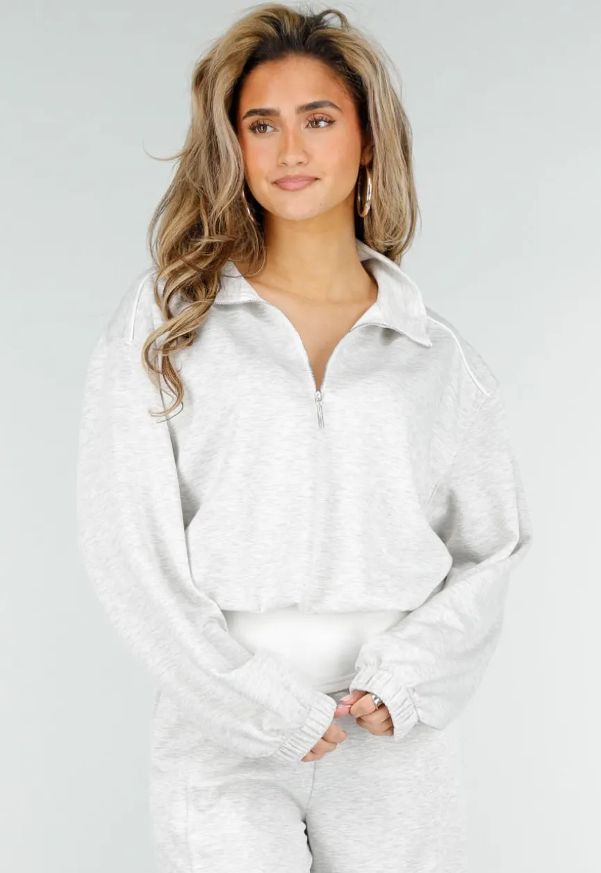 Grijze Sweater met Halve Rits en Elastische Boorden