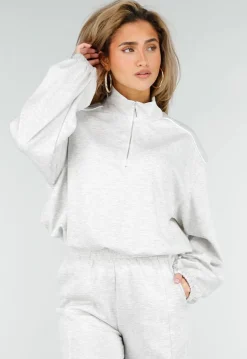 Grijze Sweater met Halve Rits en Elastische Boorden