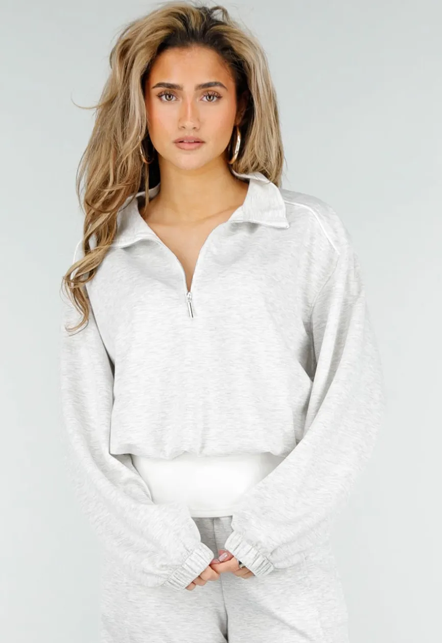 Grijze Sweater met Halve Rits en Elastische Boorden