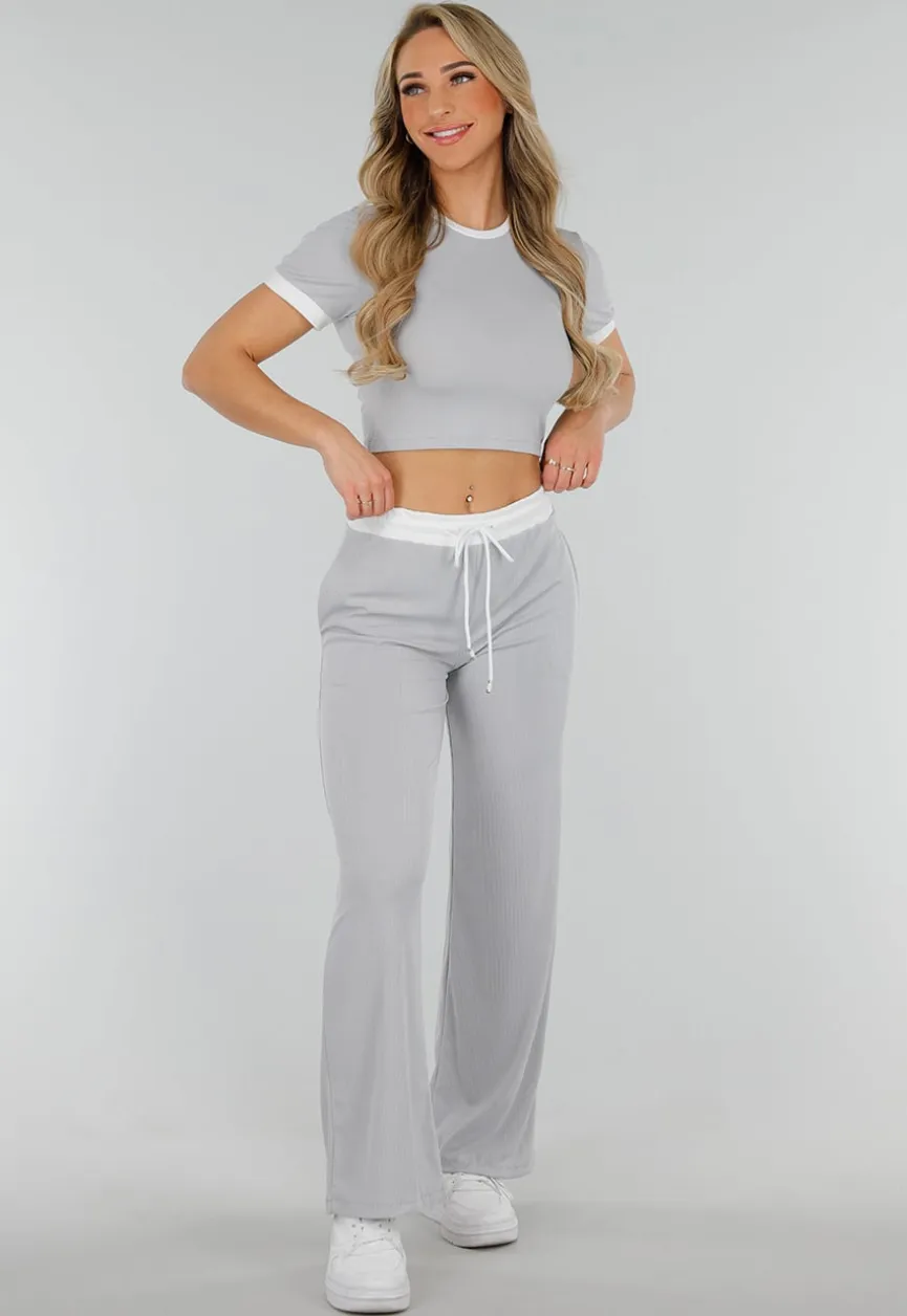 Grijze Two Piece Set met Lange Broek en Korte Top met Colorblockingdetails
