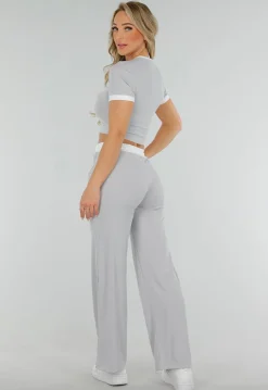 Grijze Two Piece Set met Lange Broek en Korte Top met Colorblockingdetails