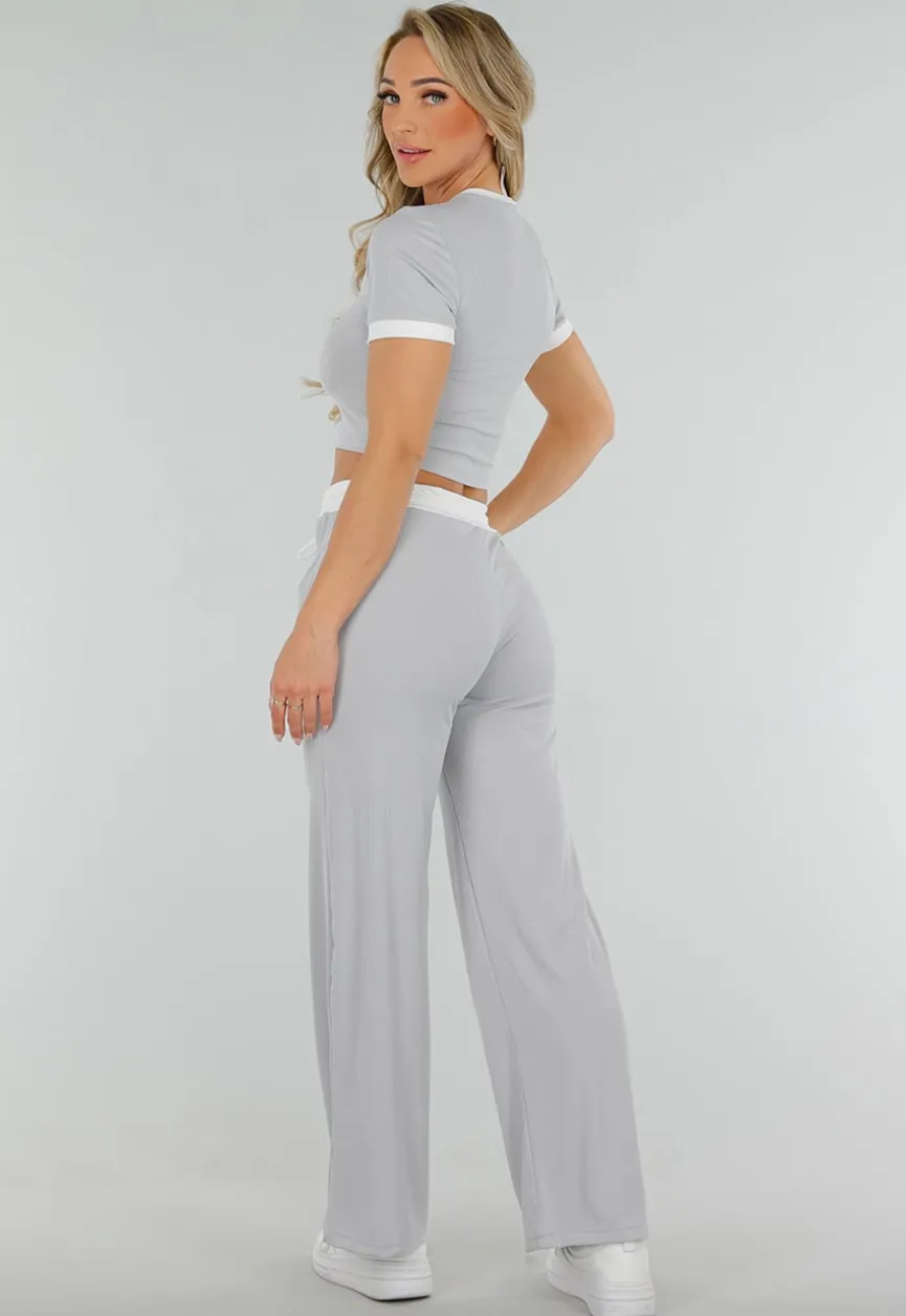 Grijze Two Piece Set met Lange Broek en Korte Top met Colorblockingdetails