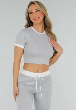 Grijze Two Piece Set met Lange Broek en Korte Top met Colorblockingdetails