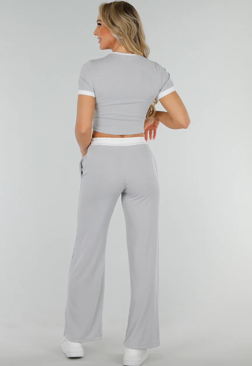 Grijze Two Piece Set met Lange Broek en Korte Top met Colorblockingdetails