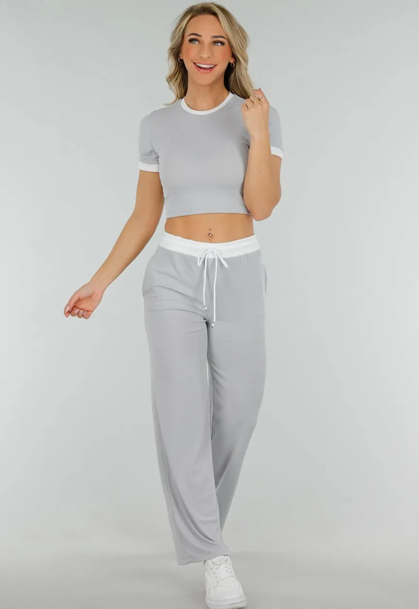 Grijze Two Piece Set met Lange Broek en Korte Top met Colorblockingdetails