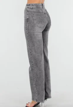 Grijze Wide Leg Jeans met Hoge Taille en Strass Details