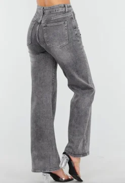 Grijze Wide Leg Jeans met Hoge Taille en Strass Details