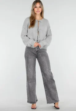Grijze Wide Leg Jeans met Hoge Taille en Strass Details