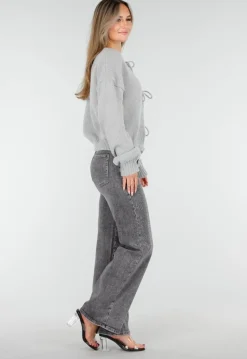 Grijze Wide Leg Jeans met Hoge Taille en Strass Details