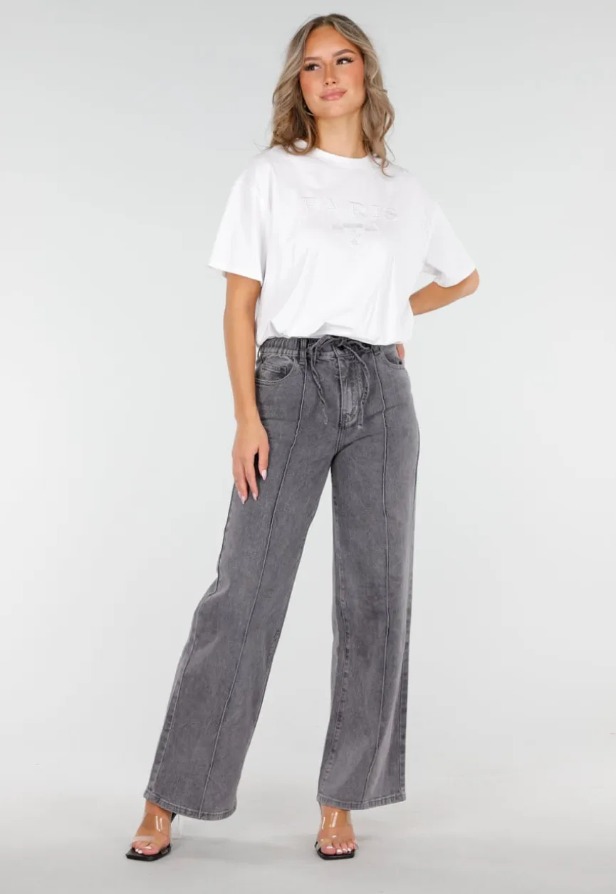Grijze Wide Leg Jeans met Hoge Taille en Striksluiting