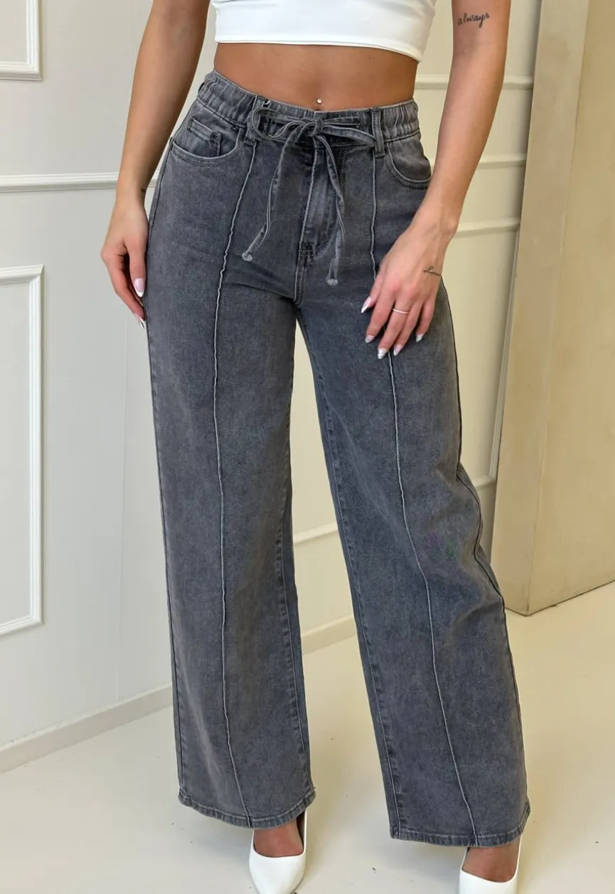 Grijze Wide Leg Jeans met Hoge Taille en Striksluiting