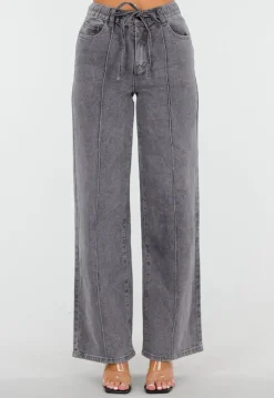 Grijze Wide Leg Jeans met Hoge Taille en Striksluiting