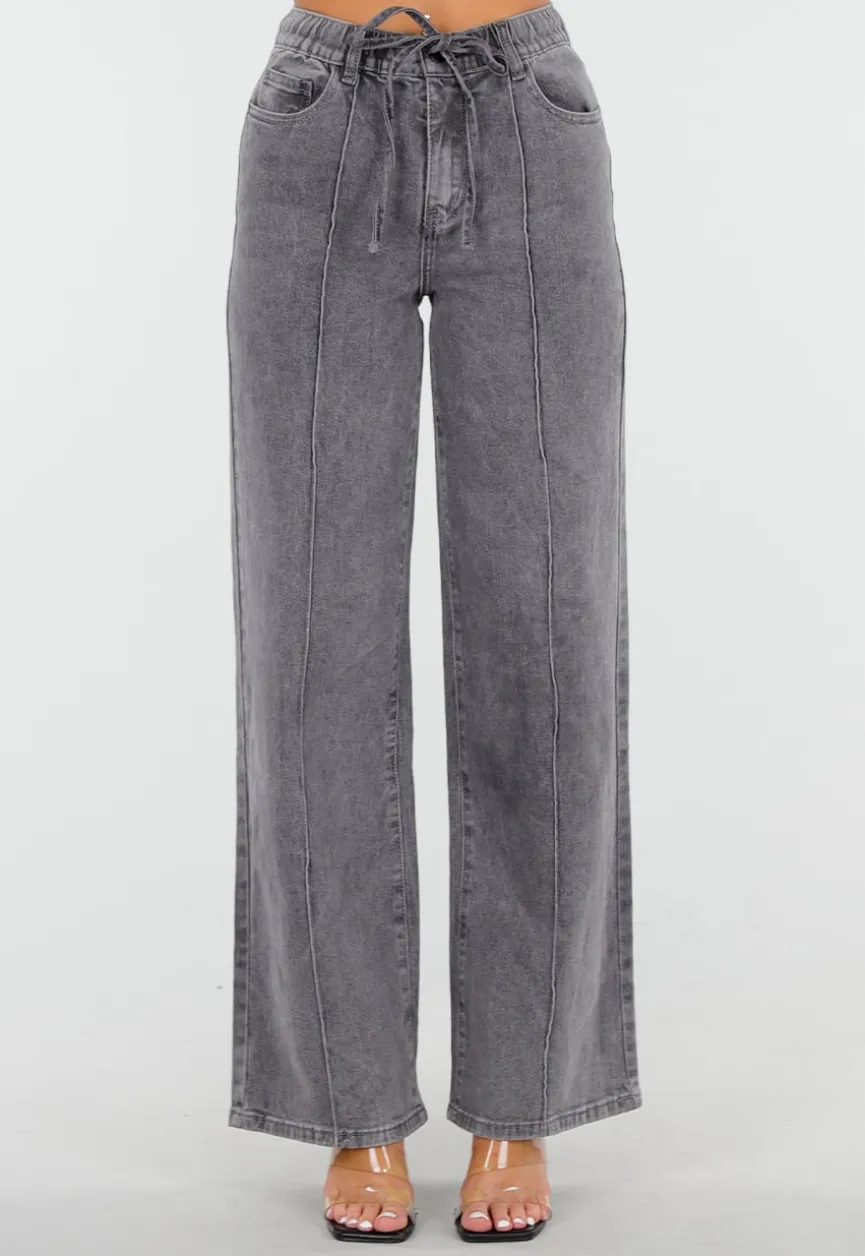 Grijze Wide Leg Jeans met Hoge Taille en Striksluiting
