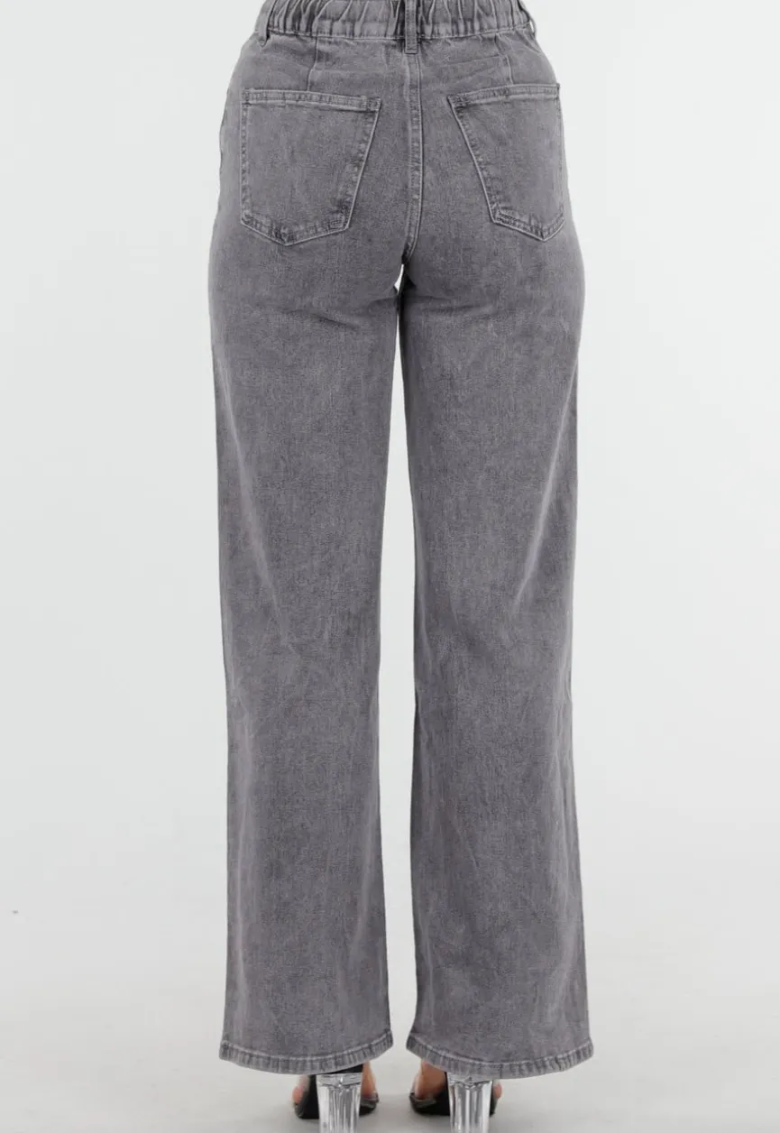 Grijze Wide Leg Jeans met Hoge Taille en Striksluiting