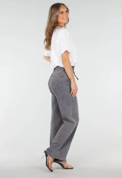 Grijze Wide Leg Jeans met Hoge Taille en Striksluiting