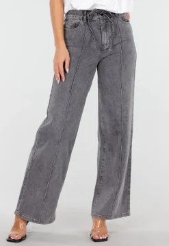 Grijze Wide Leg Jeans met Hoge Taille en Striksluiting