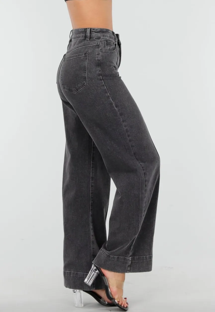Grijze Wide Leg Jeans met Stretch en Verticale Naden