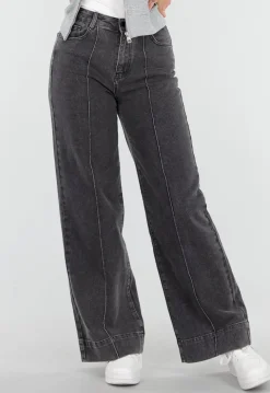 Grijze Wide Leg Jeans met Stretch en Verticale Naden