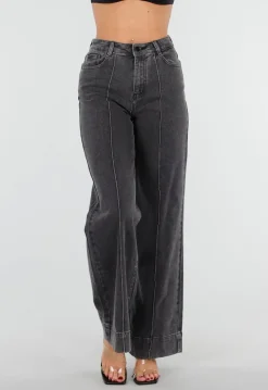 Grijze Wide Leg Jeans met Stretch en Verticale Naden