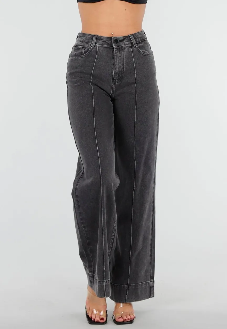 Grijze Wide Leg Jeans met Stretch en Verticale Naden