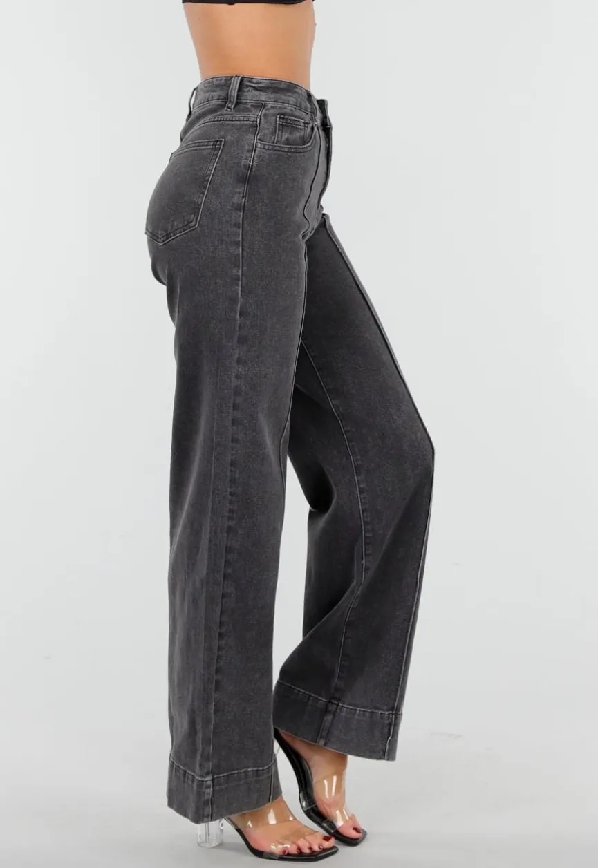 Grijze Wide Leg Jeans met Stretch en Verticale Naden