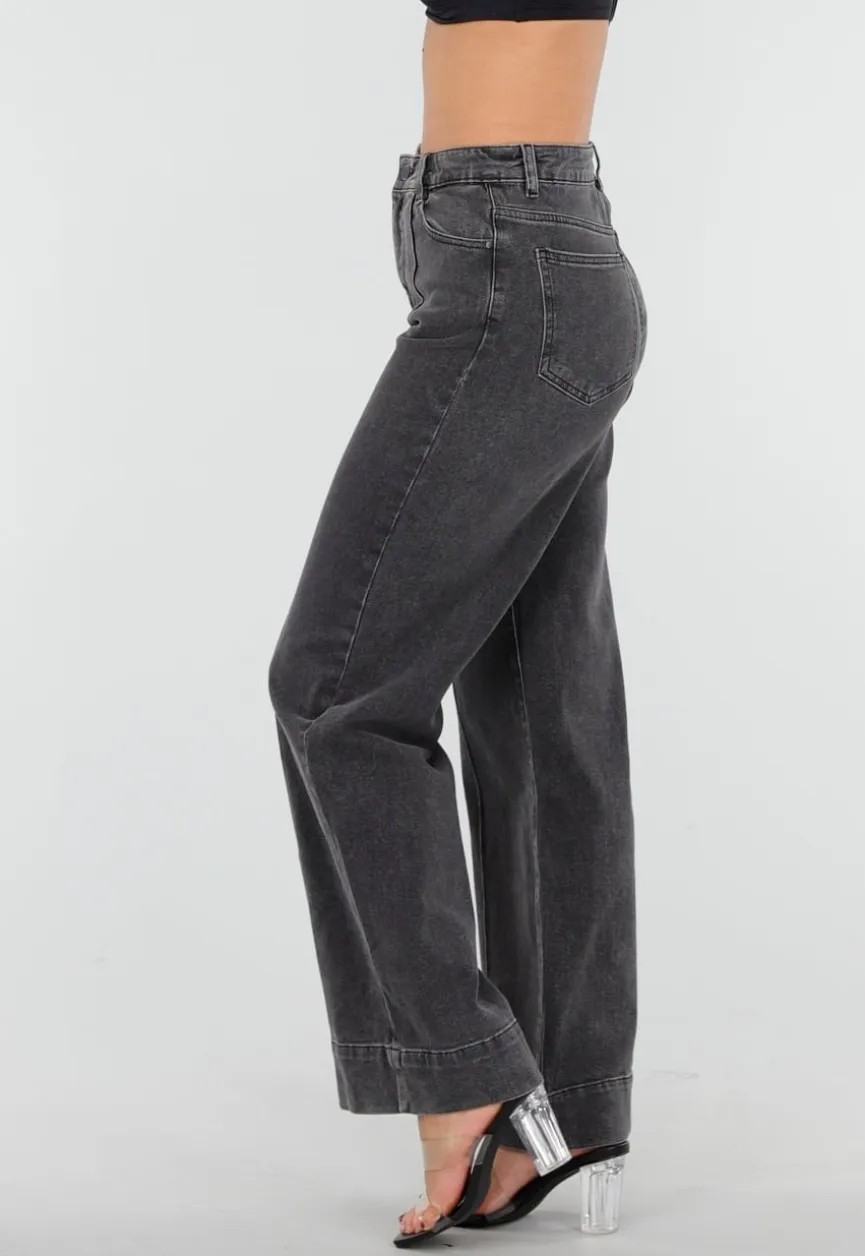 Grijze Wide Leg Jeans met Stretch en Verticale Naden