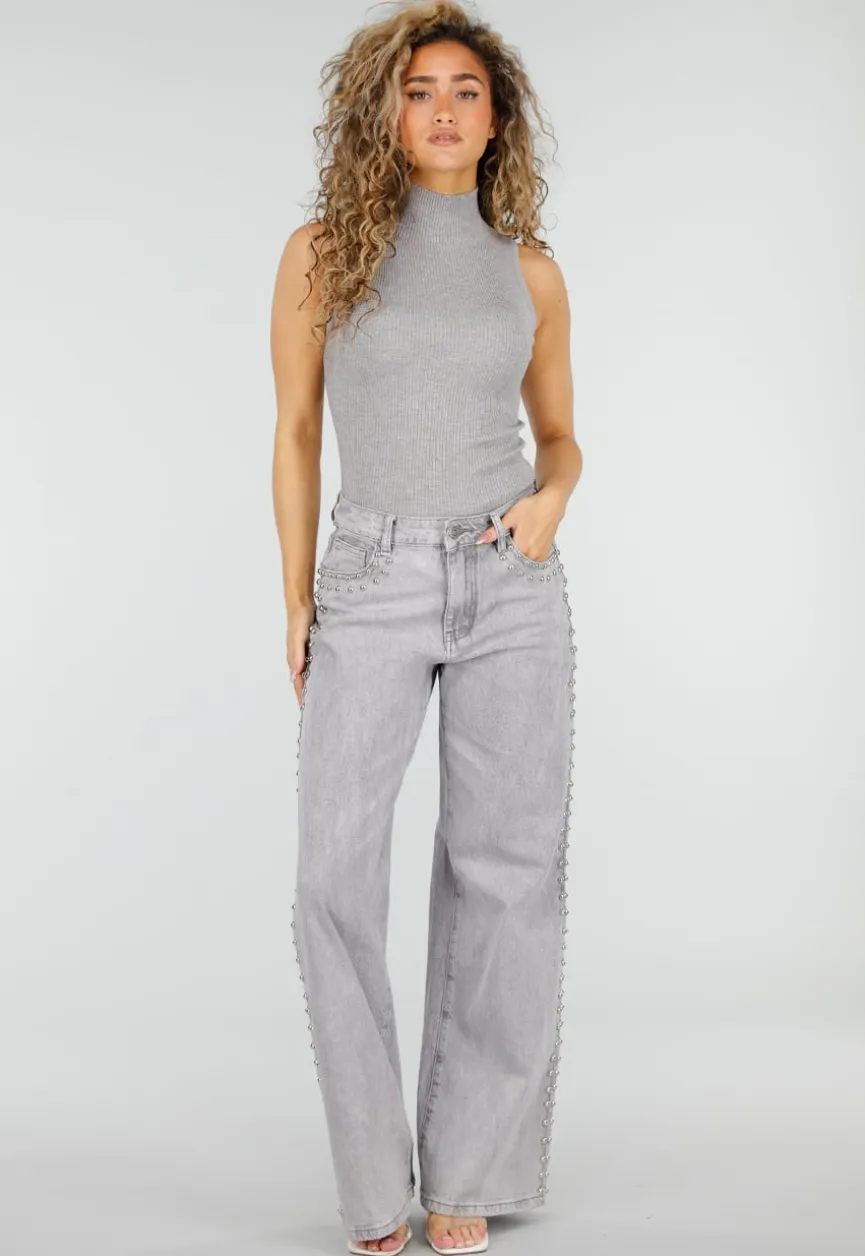 Grijze Wide Leg Jeans met Stud Details en High Waist Pasvorm