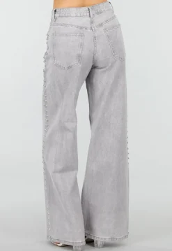 Grijze Wide Leg Jeans met Stud Details en High Waist Pasvorm