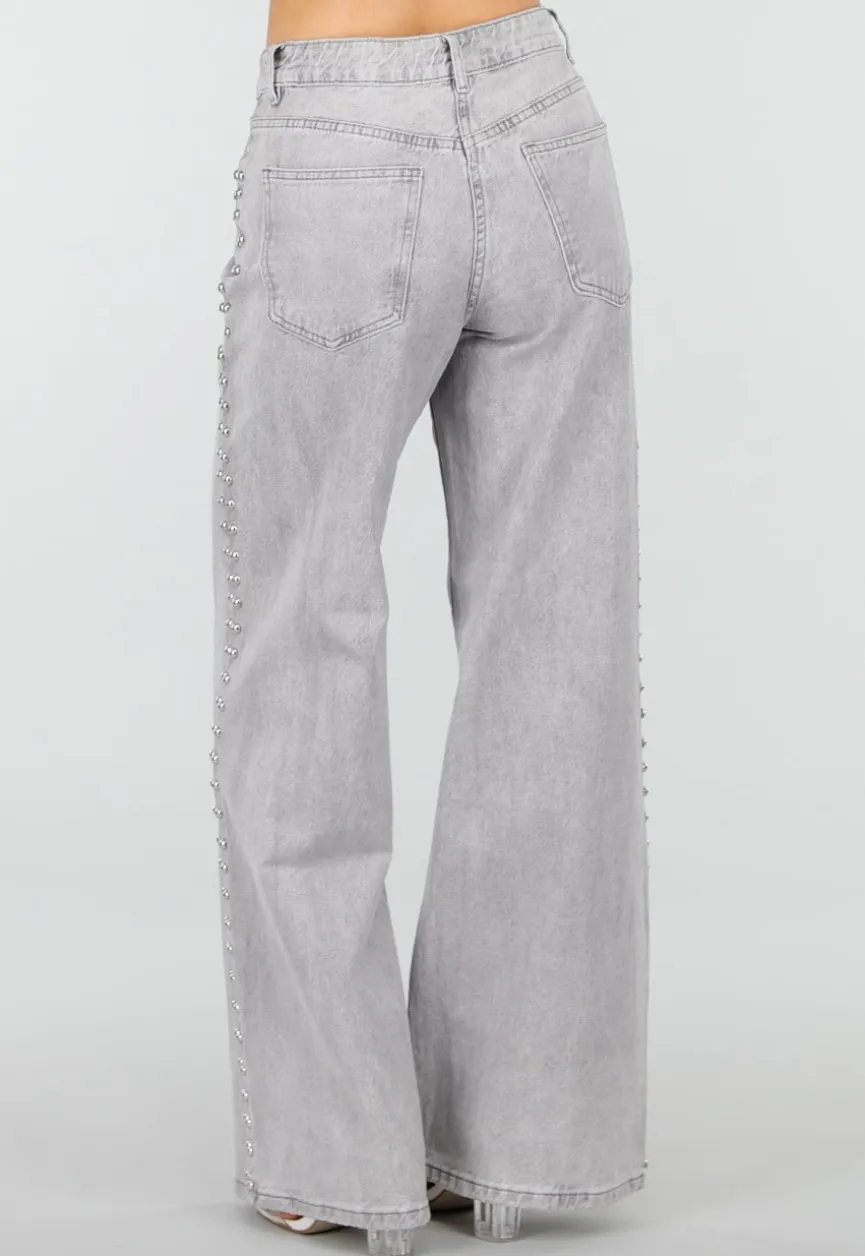 Grijze Wide Leg Jeans met Stud Details en High Waist Pasvorm