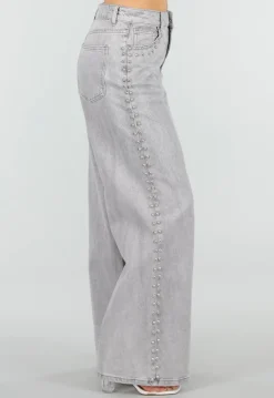 Grijze Wide Leg Jeans met Stud Details en High Waist Pasvorm