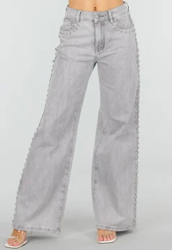 Grijze Wide Leg Jeans met Stud Details en High Waist Pasvorm