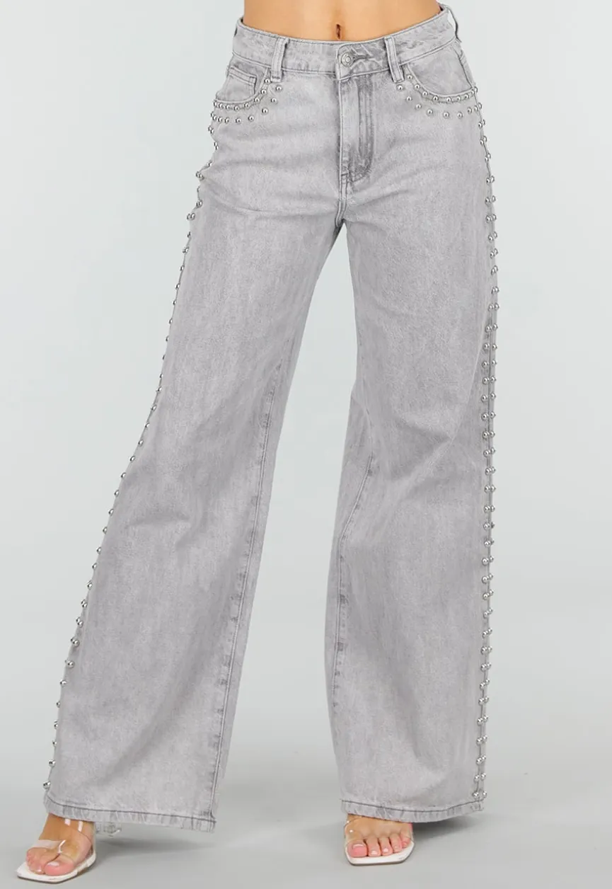 Grijze Wide Leg Jeans met Stud Details en High Waist Pasvorm